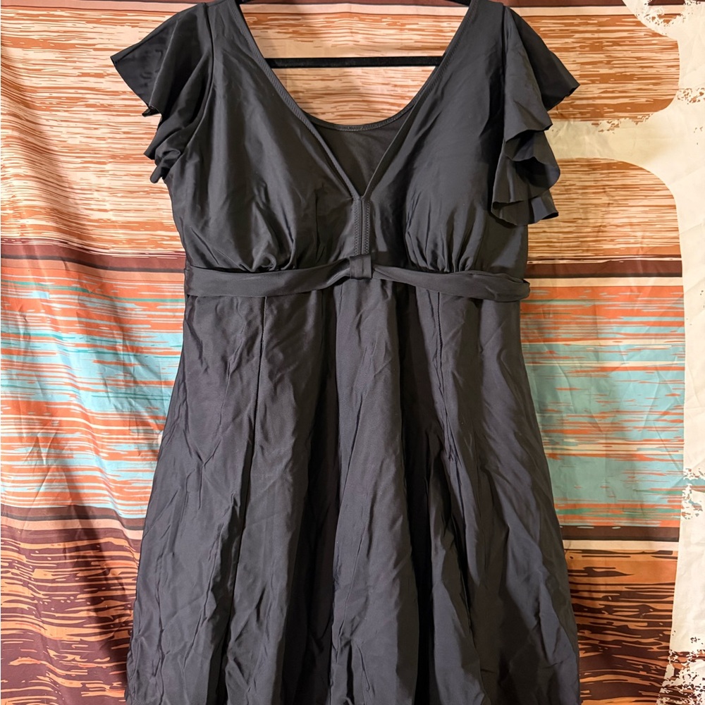 Black Swim Dress with Ruffle Sleeves - One Piece - Size 3XL